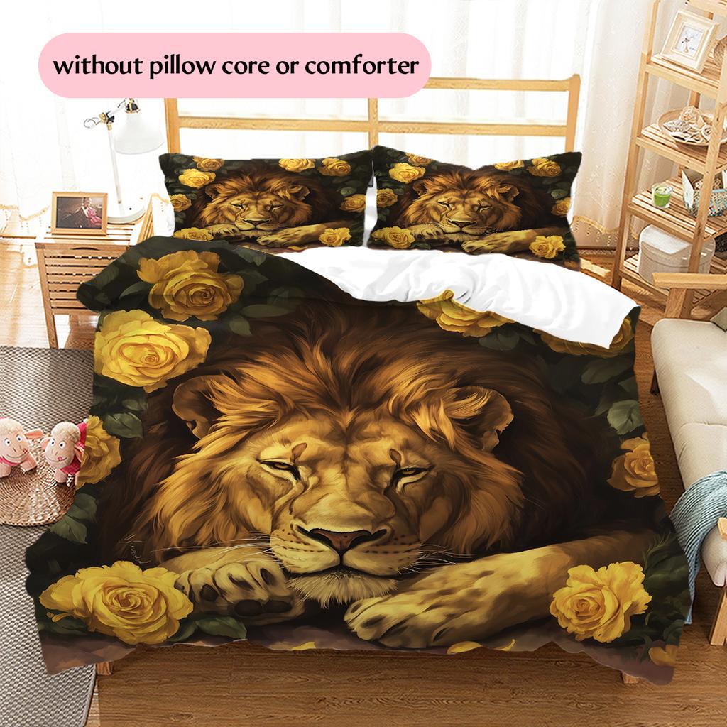 Lion and Rose Pattern Bedding Home Decoration Birthday Gift (1 * duvet cover + 2 * pillowcase, without core)