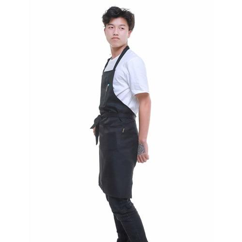 W00MOON Kagetsu Men's Adjustable Neck Apron, Plus Size, Front Tie, Cafe Style, Opaque, For Business or Work (Black Front Tie Neck Apron)