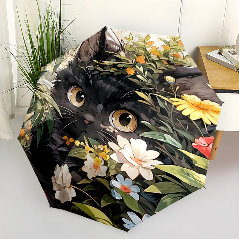 

1pc Black Cat Flower Fully Automatic Folding Portable Fashion Umbrella, 8 Iron Frames, Three-Fold Design, Suitable for All Seasons, Suitable for Outdo