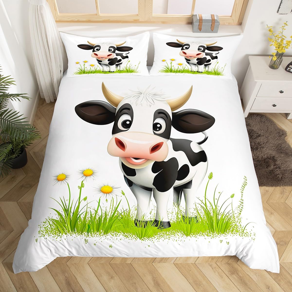 

Comforter Cartoon Milk Cow Full King Lovely Farm Animal Bedding Set Strawberry Flowers Print Comforter Farmhouse Decor Comforter (quilt)-EU Single(135*200cm)3pcs