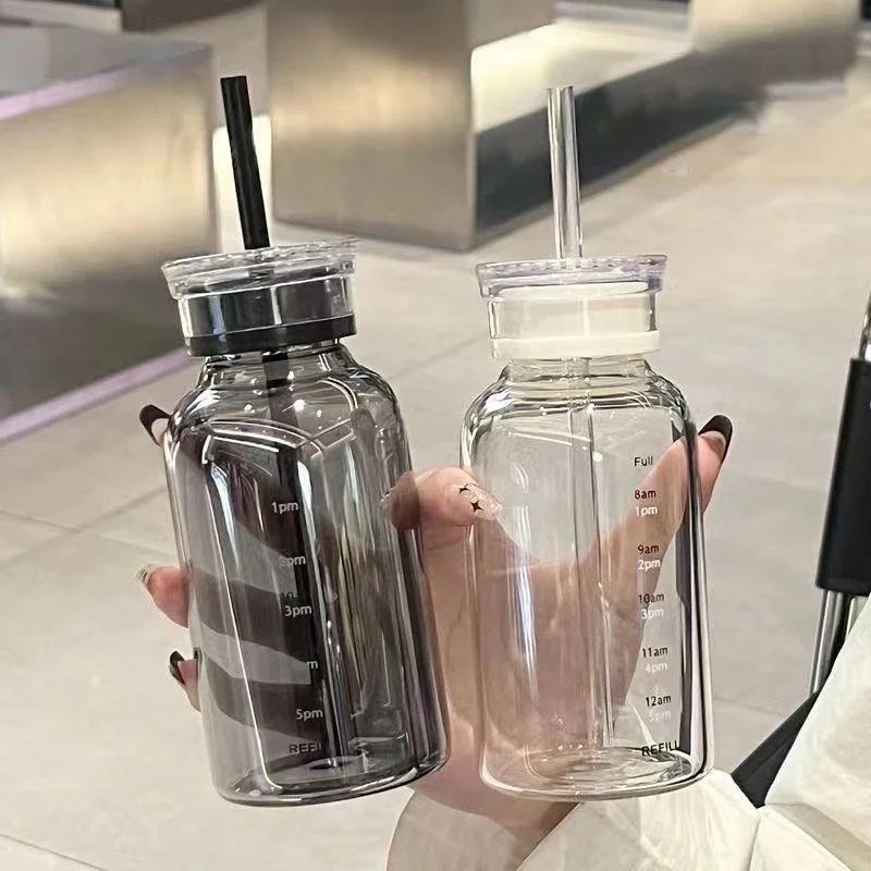 300-750ml Double Lid Water Bottle High Borosilicate Glass Water Cup with Straw Korean Portable Milk Juice Cup with Time Marker