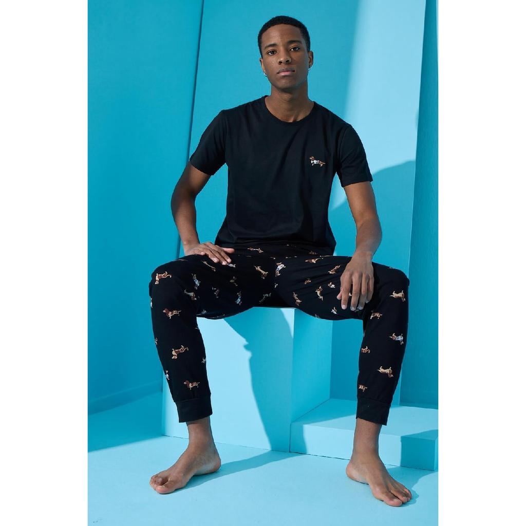 Kurzärmliges Herren-Pyjama-Set mit Dogg-Print in Schwarz