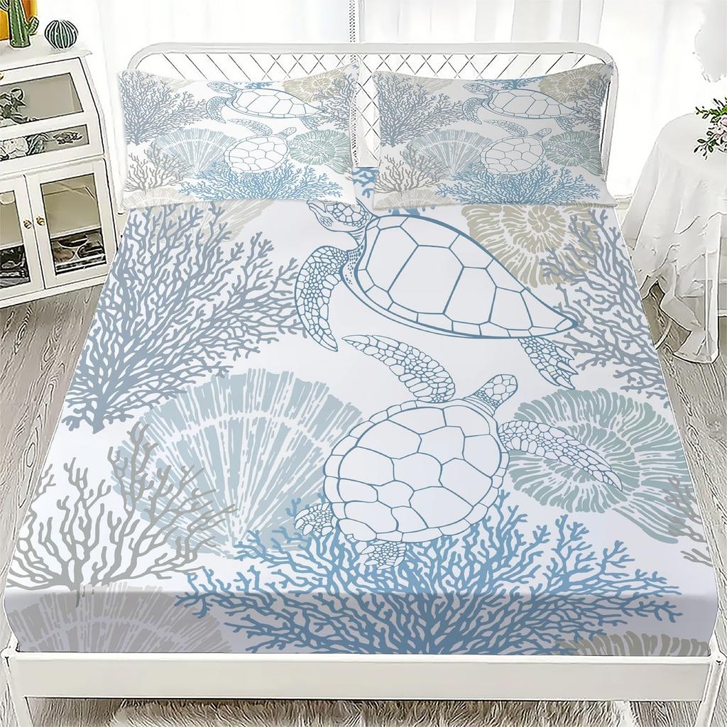 Underwater Ocean Theme Bed Sheet Set Blue White Coral Turtle Seashell Print 100% Cotton Fitted Sheet Breathable for Kids Room