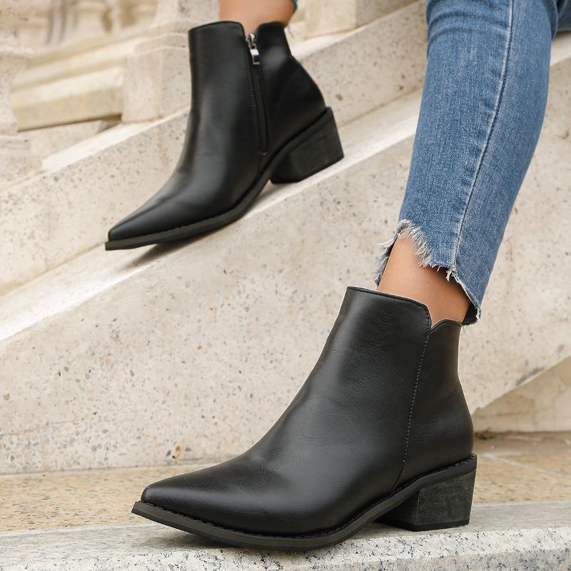Autumn Women Ankle Boots Retro Style Pointed Toe Boots Solid Short Barrel Chunky Heel Western Boots Botines Mujer