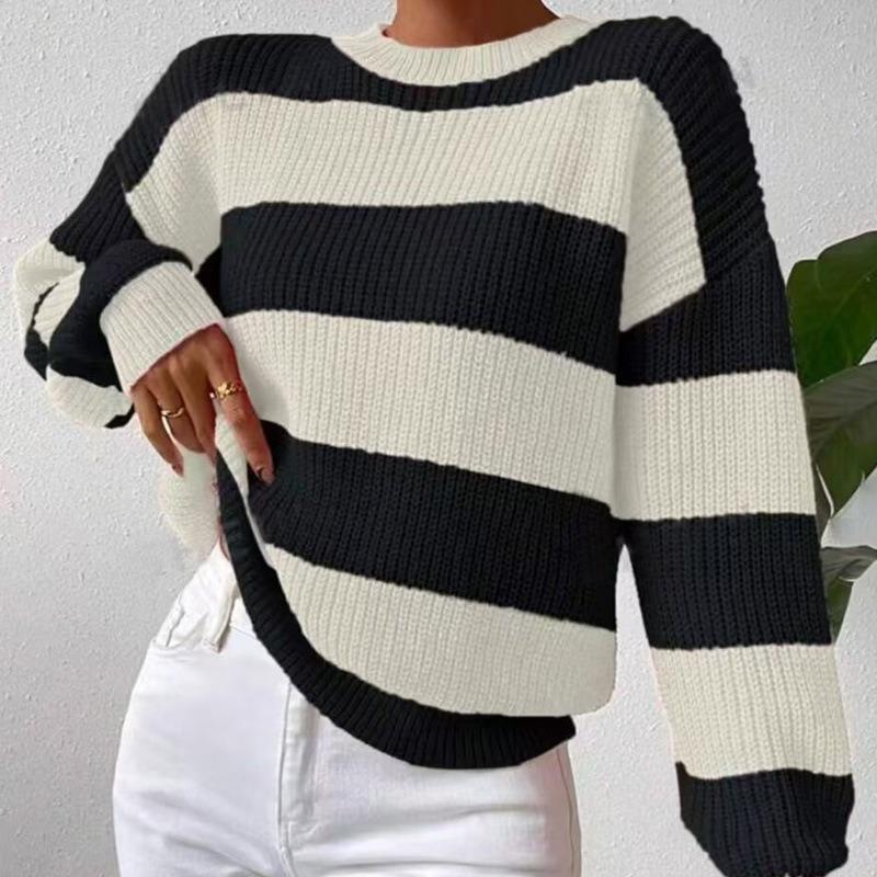 Damen S Lockerer Rundhals Langarm Gestreifter Strickpullover
