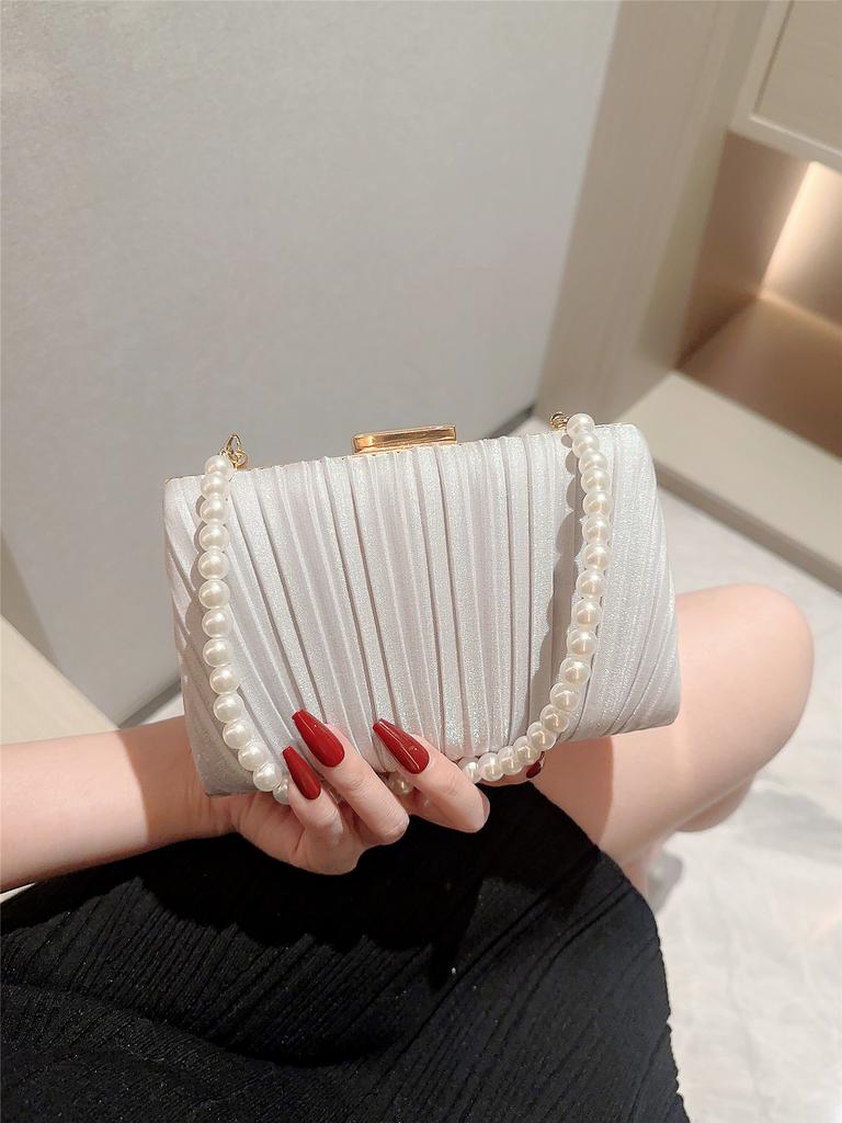 Ladies casual Pleated Design Satin Box Dinner Bag Faux Pearl Handbag Romantic Wedding Bag Bridal Bag Banquet Bag Evening Bag Prom Bag Chain Bag