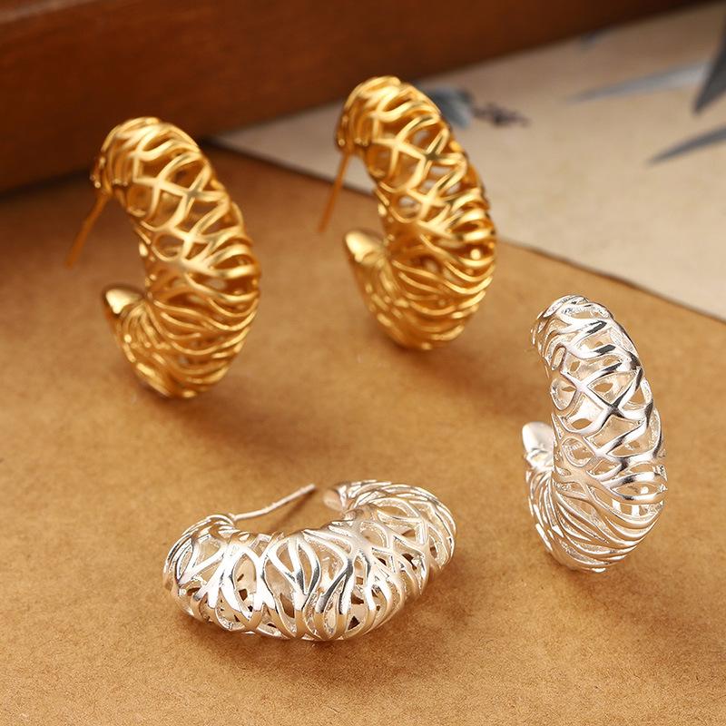925 Sterling Silver Irregular Hollow Metal Woven Earrings – Women's Versatile Summer Ear Studs