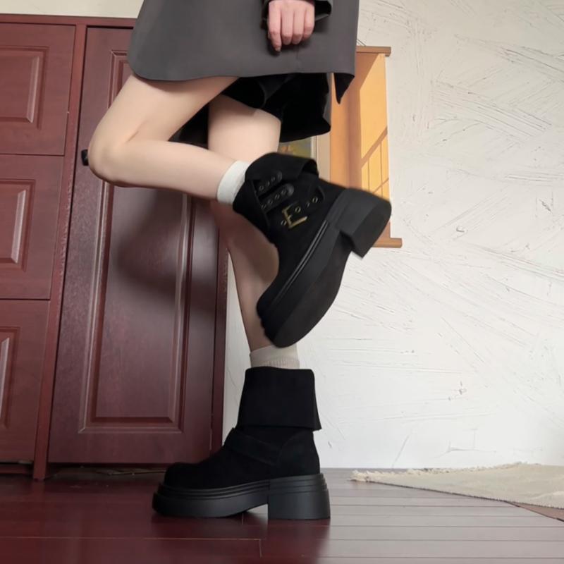 Vintage Thick Heels Women Mordern Boots Fashion Belt Buckle Ladies Casual Slip On Modern Mid Calf Botas