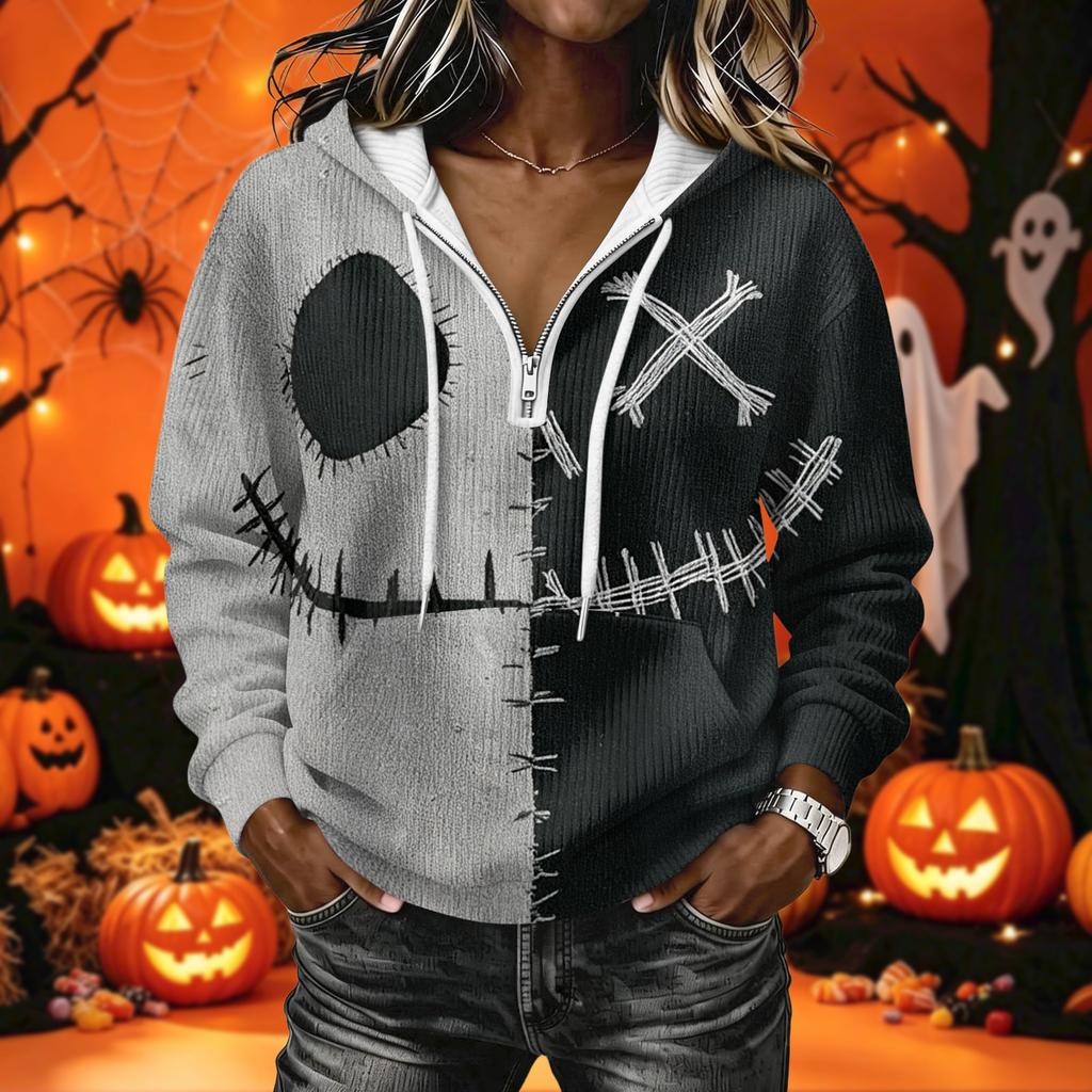 Women's Halloween Print Long Sleeve Hoodie Pullover Sweatshirt