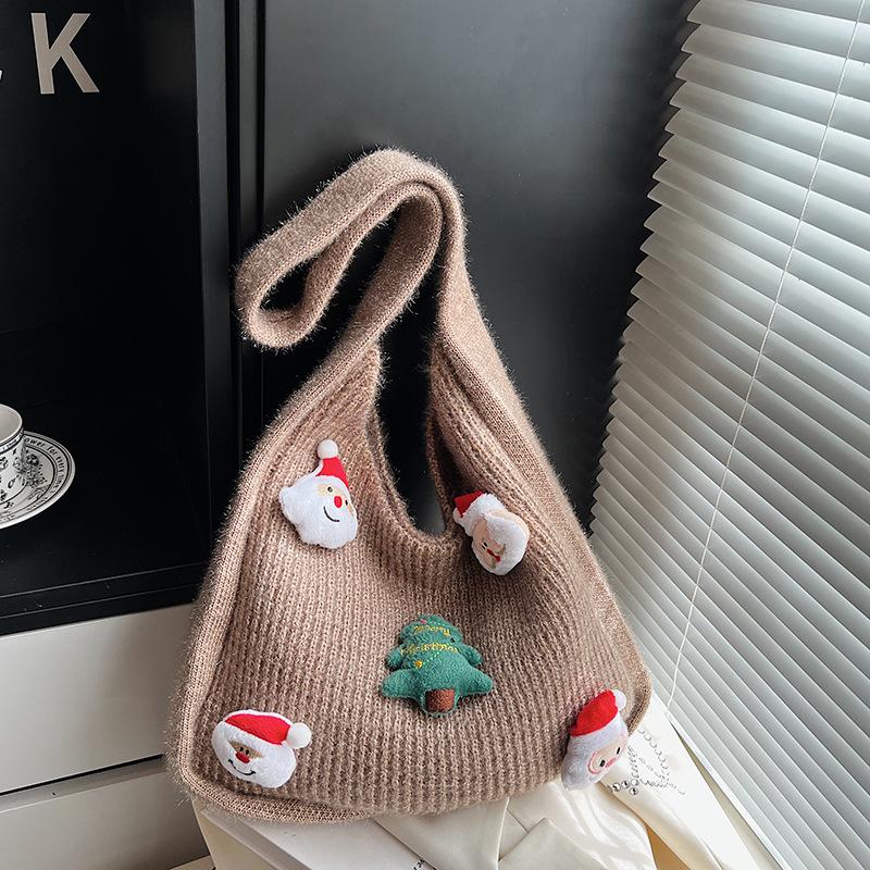 Christmas Knitted Shoulder Bag Women Simple Large Capacity Hollow Woven Tote Bag Textured Casual and Versatile Commuting Bag