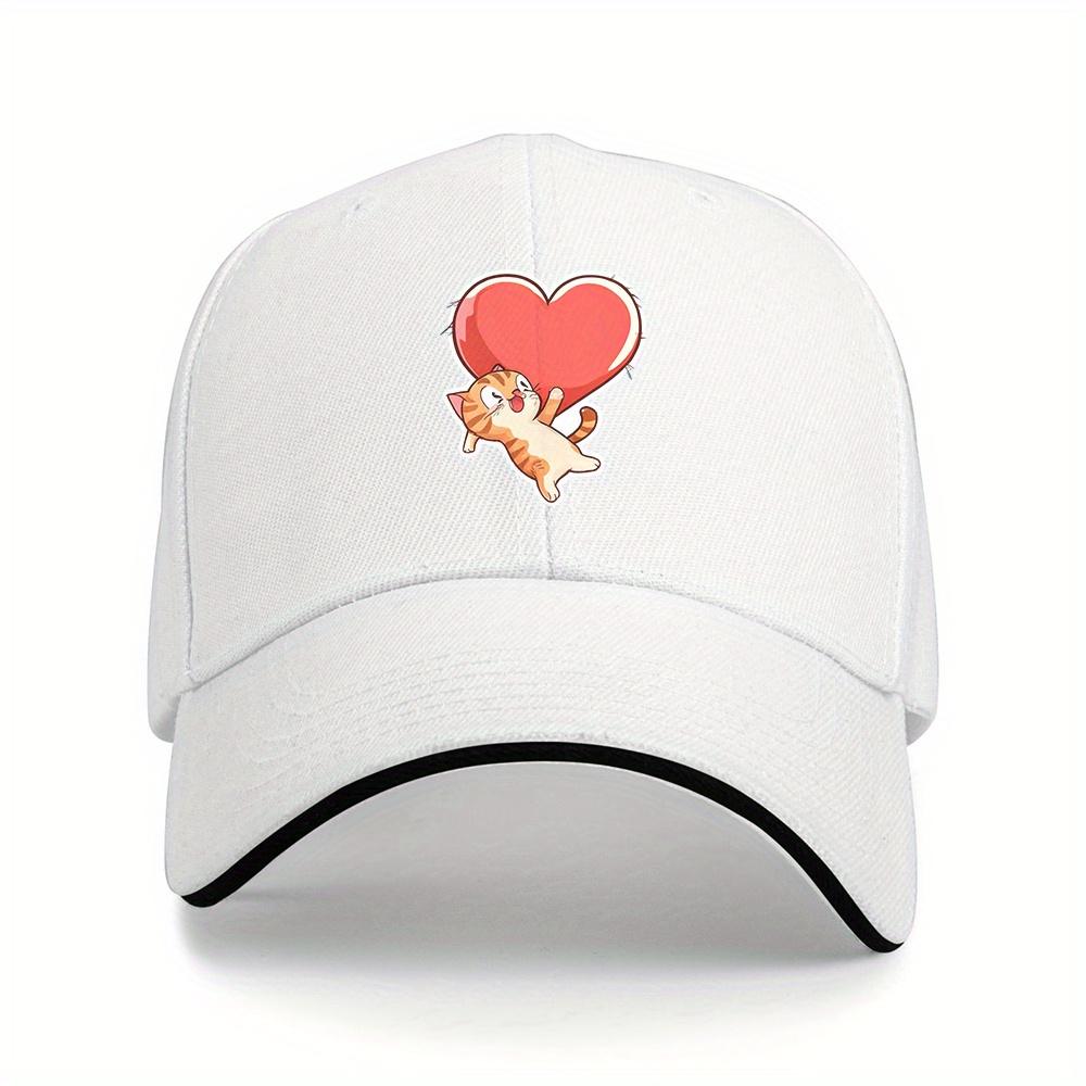 Cute Kitten Heart Cartoon Baseball Cap Polyester Adjustable Unisex Casual Sports Hat Outdoor Headwear