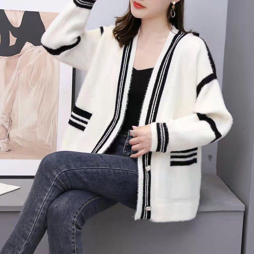 

Новый весенне-осенний свитер-кардиган из искусственного норкового флиса в стиле ленивого ветра, женский свободный повседневный вязаный свитер-куртка One size бежевый