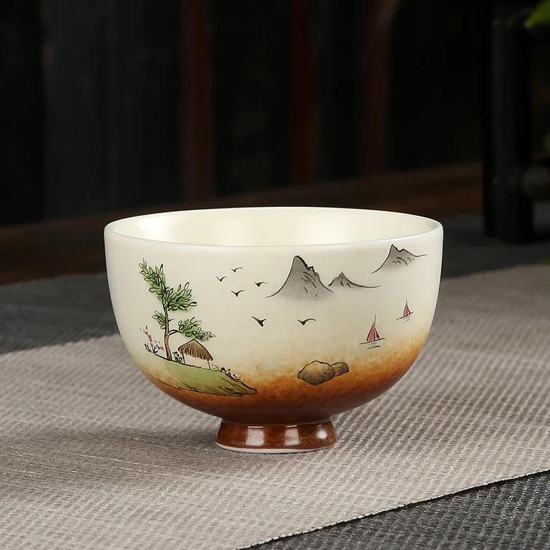 1pcs 100ml Coarse Pottery Teacup Single Cup Large Handmade  Ceramic Kung Fu Tea Set  Hand-painted Firewood Master Cup.
