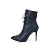 Autumn Winter 2025 Mid-Calf Boots Women Pointed Toe Super High and Thin Heel Shoes Buckle Cross-Tied Decorate Size 3~19 Footwear
