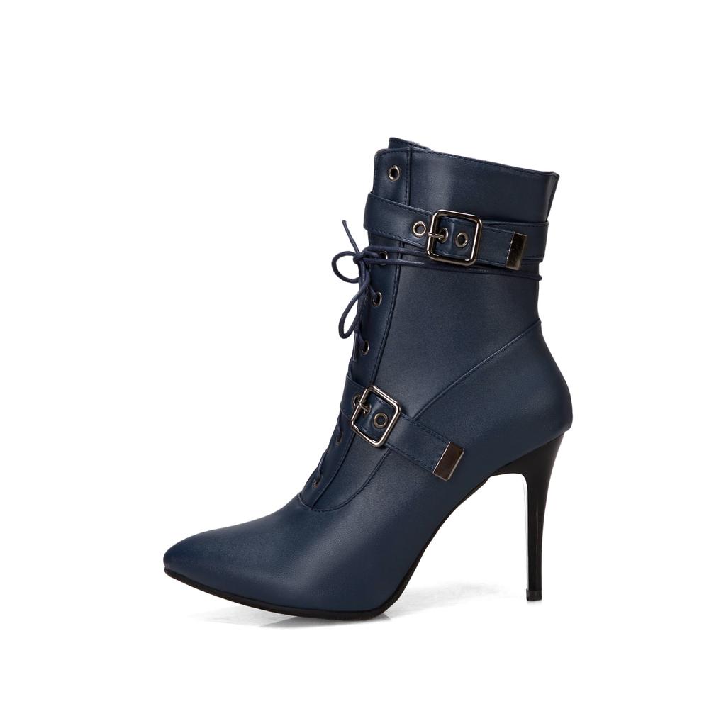 Autumn Winter 2025 Mid-Calf Boots Women Pointed Toe Super High and Thin Heel Shoes Buckle Cross-Tied Decorate Size 3~19 Footwear