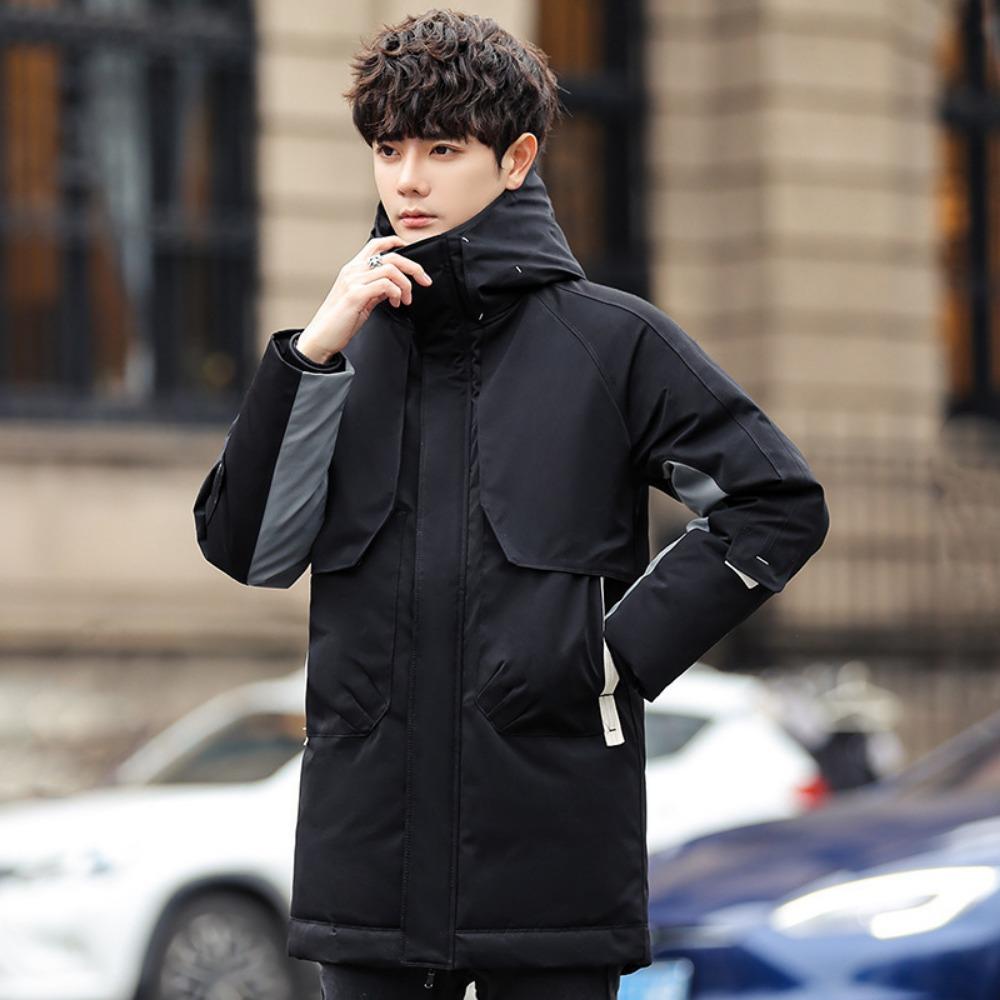 Winter new solid color high velvet tooling jacket medium and long hooded clothes trendy men's clothing