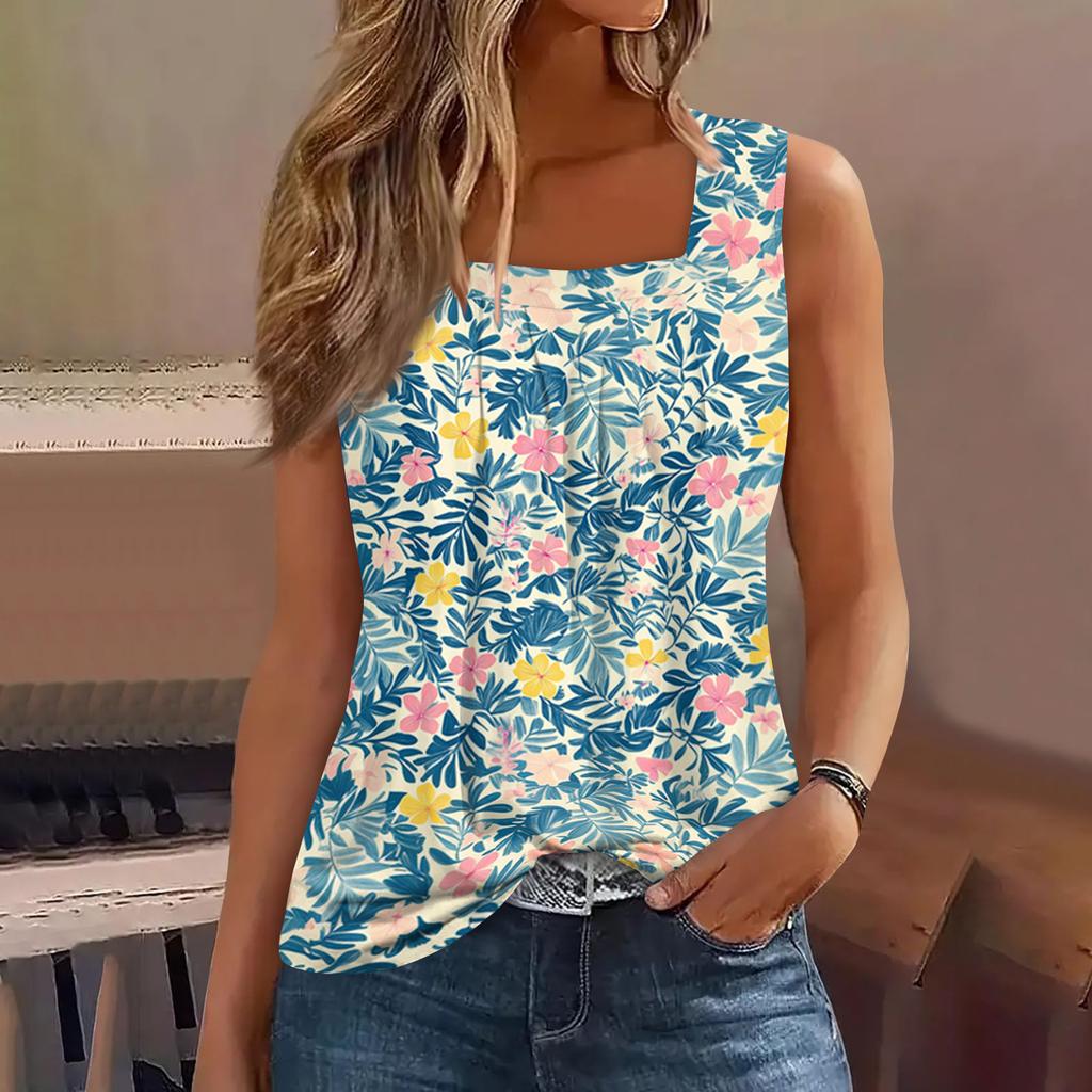 Dámske letné ležérne plisované tielko bez rukávov so štvorcovým výstrihom s potlačou