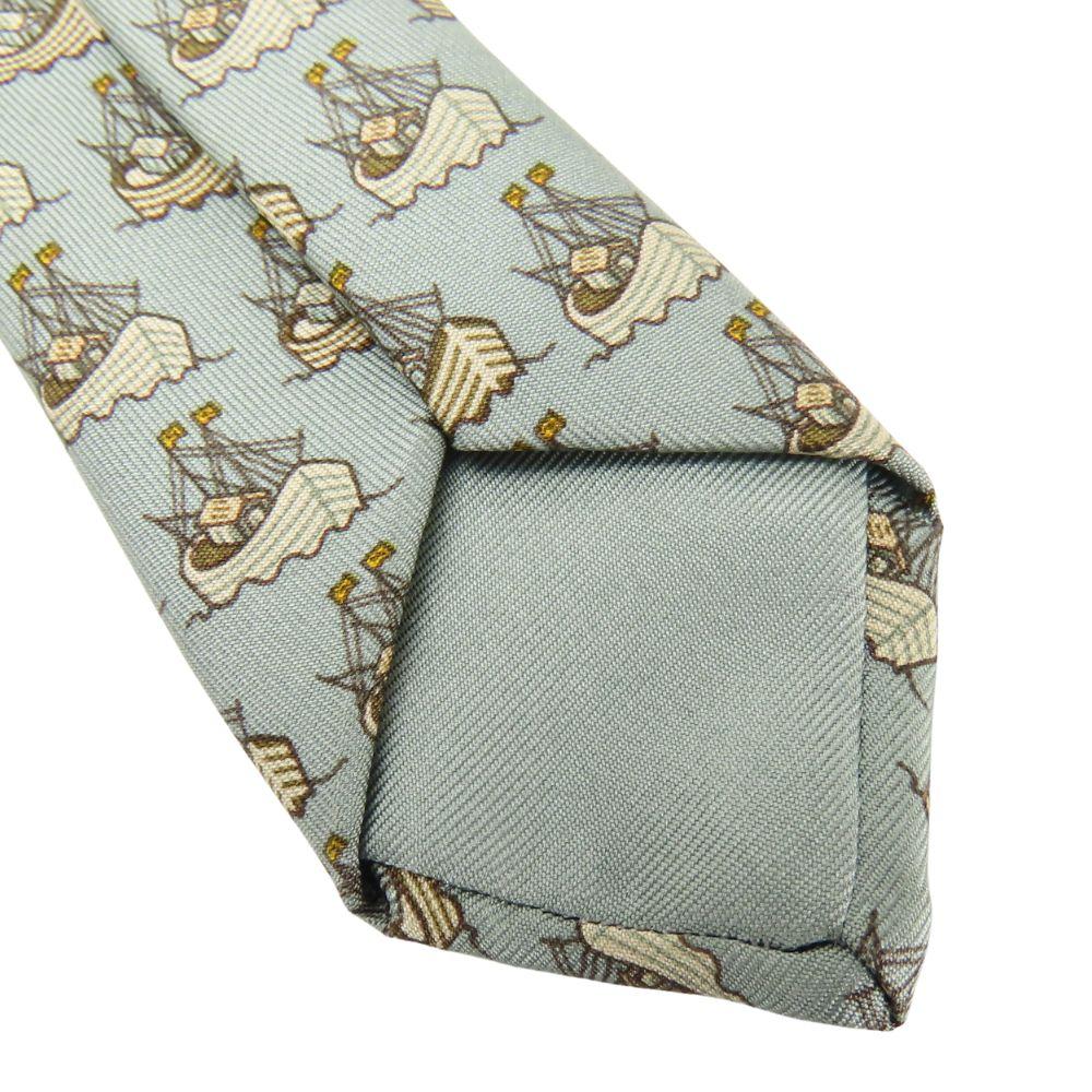 Used HERMES Tie Ship Motif Silk Dark Marks Green Business