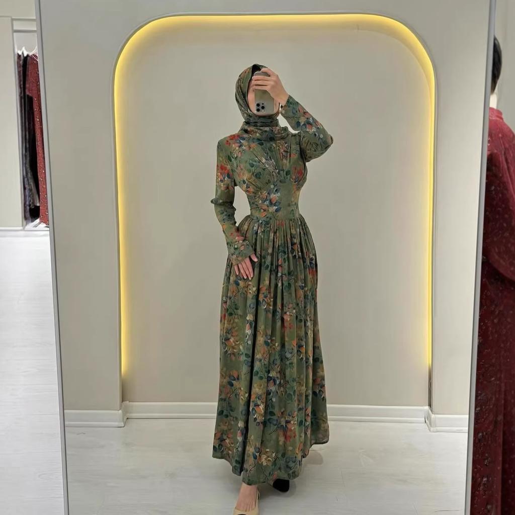 Middle East Arabia Dubai Saudi Arabia Spring New Floral Skinny Long Sleeve Pendulum Dress Women's Skirt