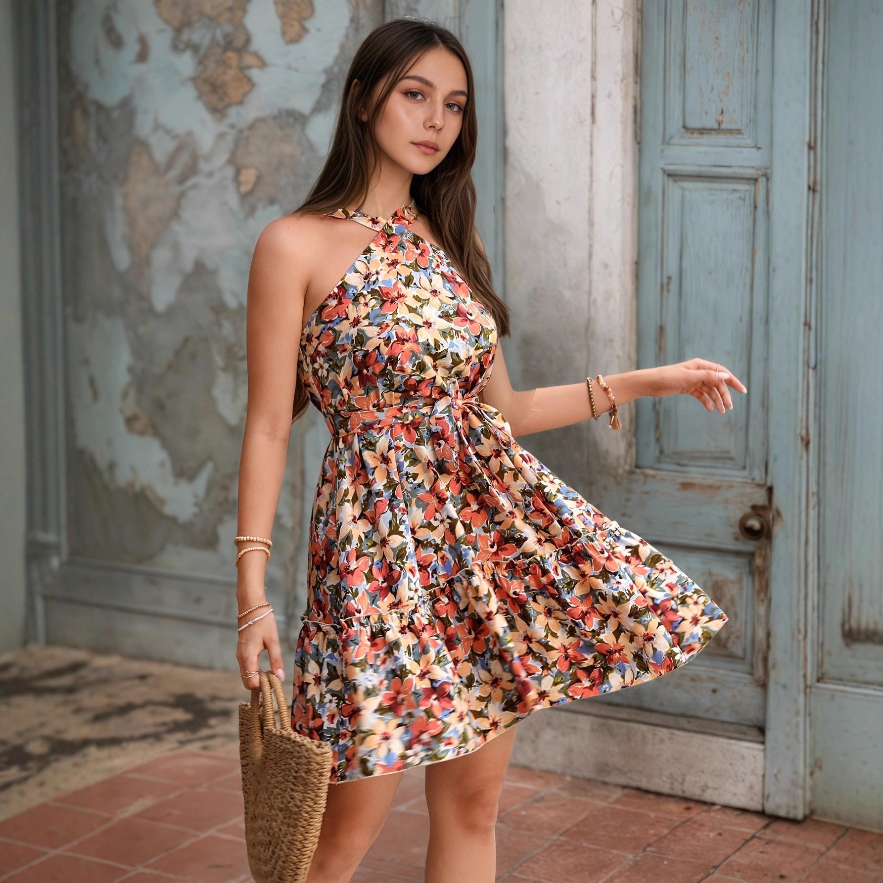 European and American women s clothing neck cross shoulder strap skirt vacation bohemian floral print pleated chest wrap dress european and american code s разноцветный