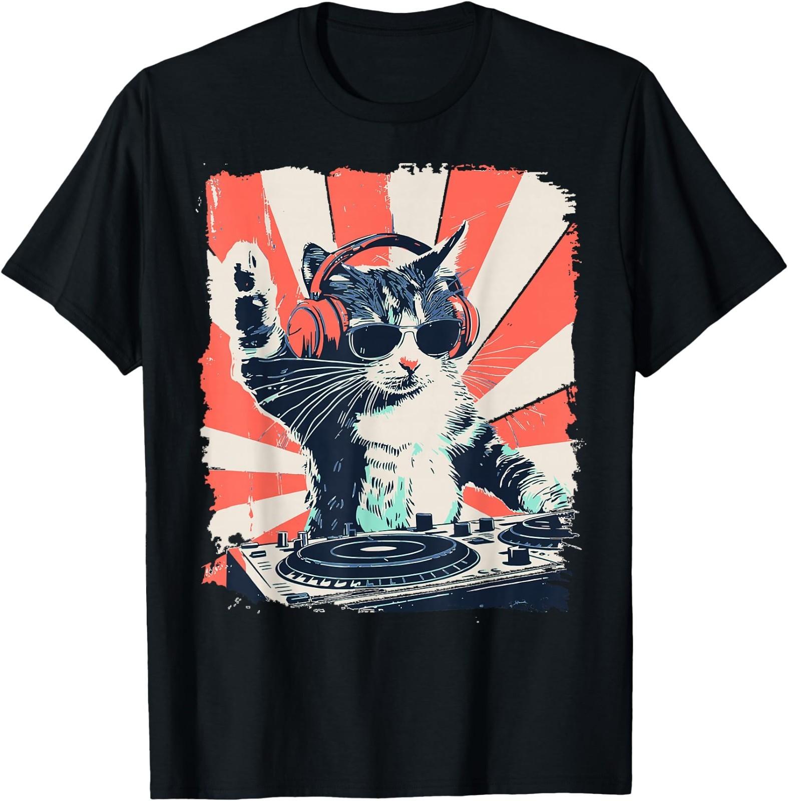 Funny DJ Cat with Headphones Retro Music Lover Art T- Unisex T-Shirt L