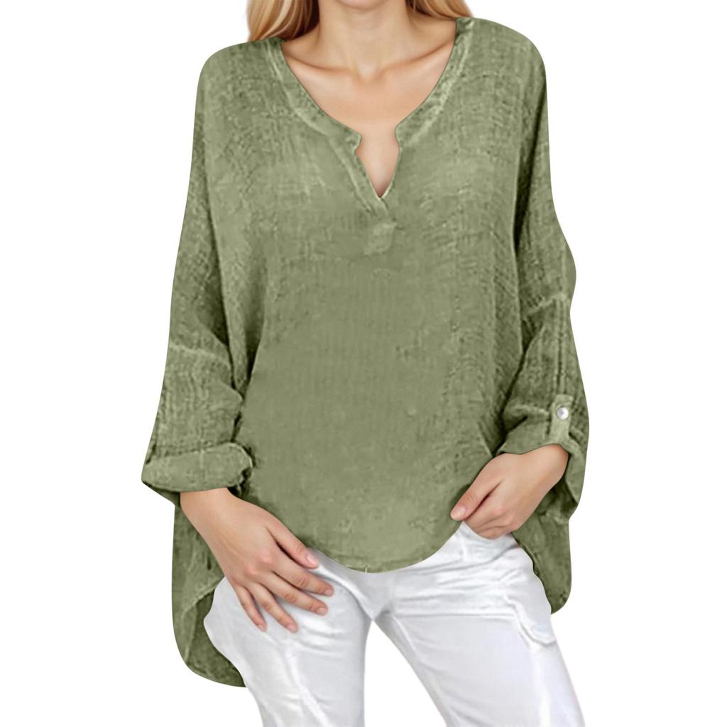 Women's Fashion Long Sleeve Cotton Linen Colour Casual V-Neck Blouse Top