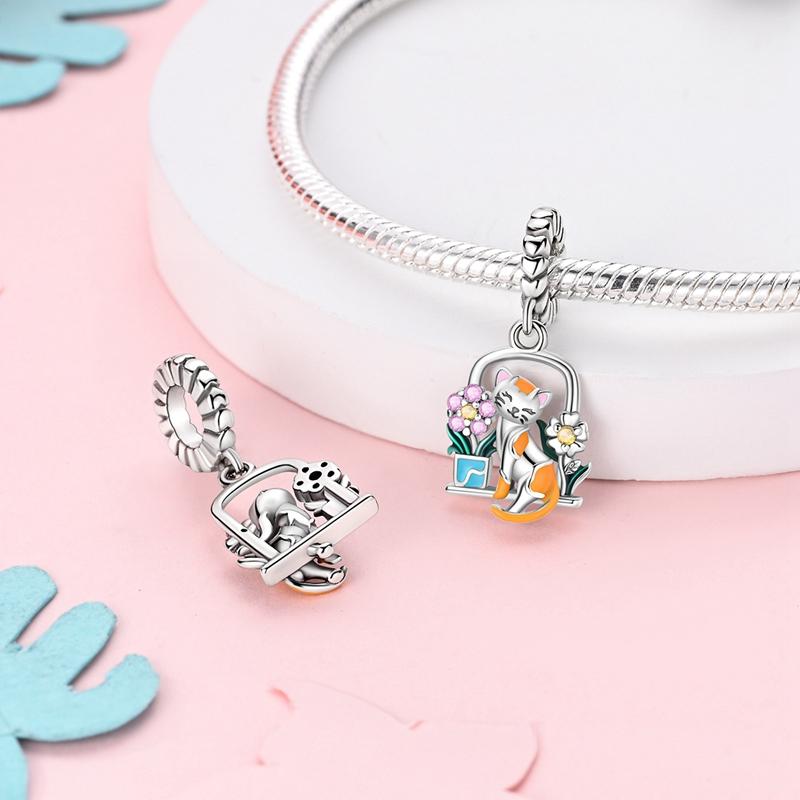 Authentic Original Charm Bead Components Copper Metal Creative Balcony Cat Flowers Pendant Bead Components Compatible With Plata Bracelets Designed