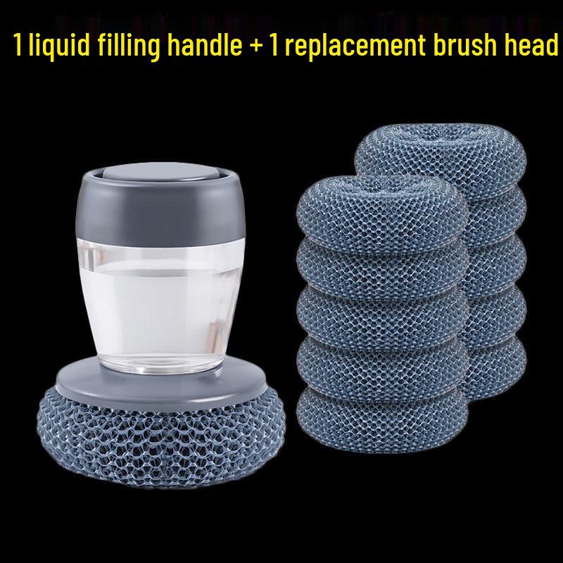 Automatic Liquid Dispensing Dish Scrubber with Steel Wool and Long Handle