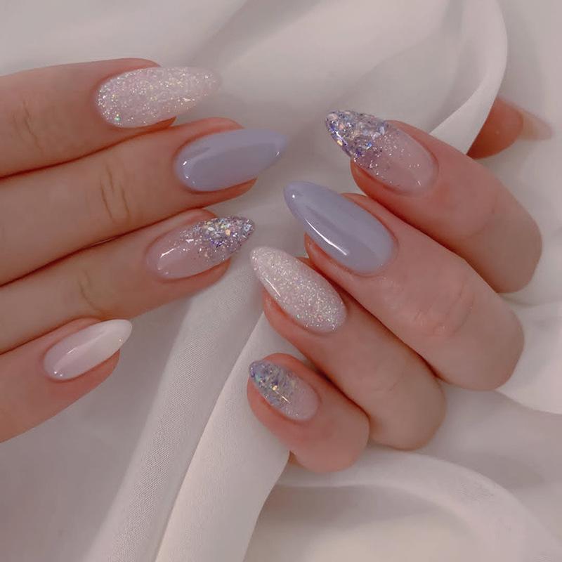 24Pcs French Almond False Nails Pink Stiletto Press On Nails With White Edge Design And Glue Simple Wearable Nail Tips
