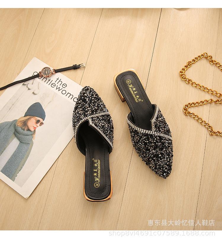 2025 New High-heeled Hot Diamond Bag Head Slippers Pointed Thick Heel Sexy Slippers Women's Catwalk Women's Shoes Wear Cool Slippers