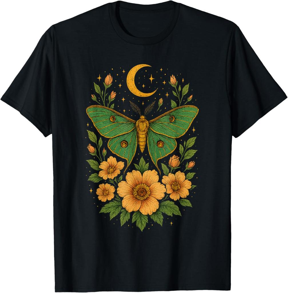 Luna Moth Celestial Garden Graphic Tee Men's Casual Cotton Print Round Neck T-Shirt