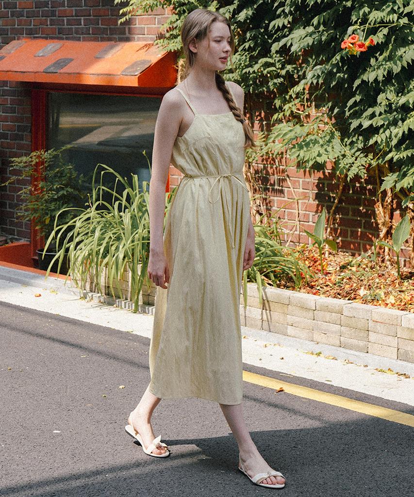 LAMINEZ Strap Pintuck Long Dress - Yellow