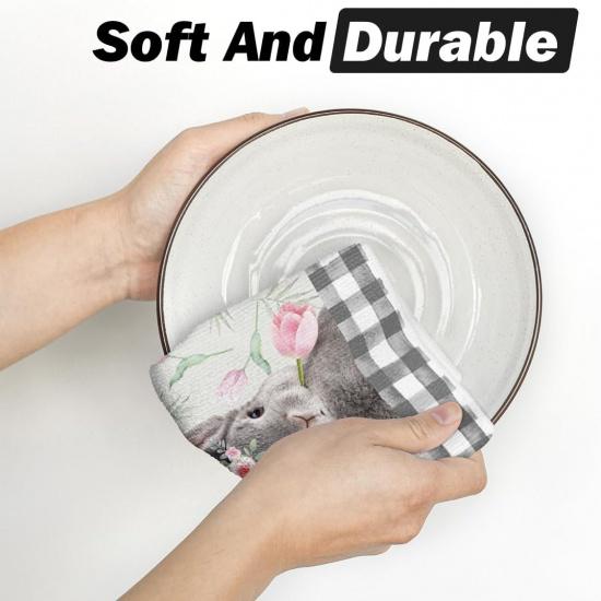 Artoid Mode Buffalo Plaid Bunny Rabbit Flowers Hello Spring Easter Kitchen Towels Dish Towels, 18x26 Inch Seasonal Decoration Hand Towels Set of 2