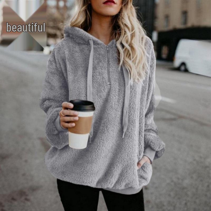 Women's Plush Hooded Fleece Pullover Sweatshirt - Long-Sleeved, Loose Fit, Autumn/Winter.