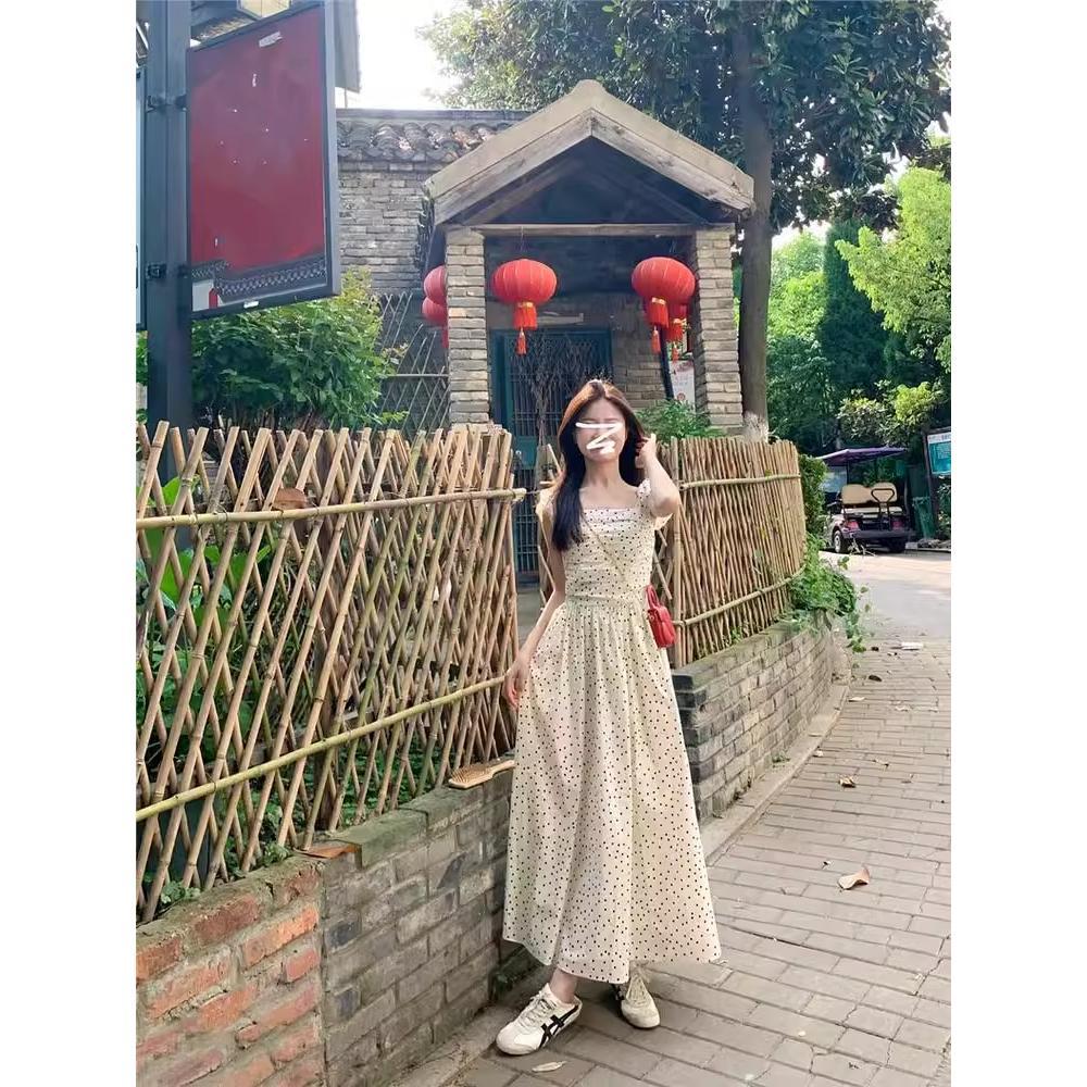 Polka dot small flying sleeve dress summer niche versatile waist thin a word medium and long dress