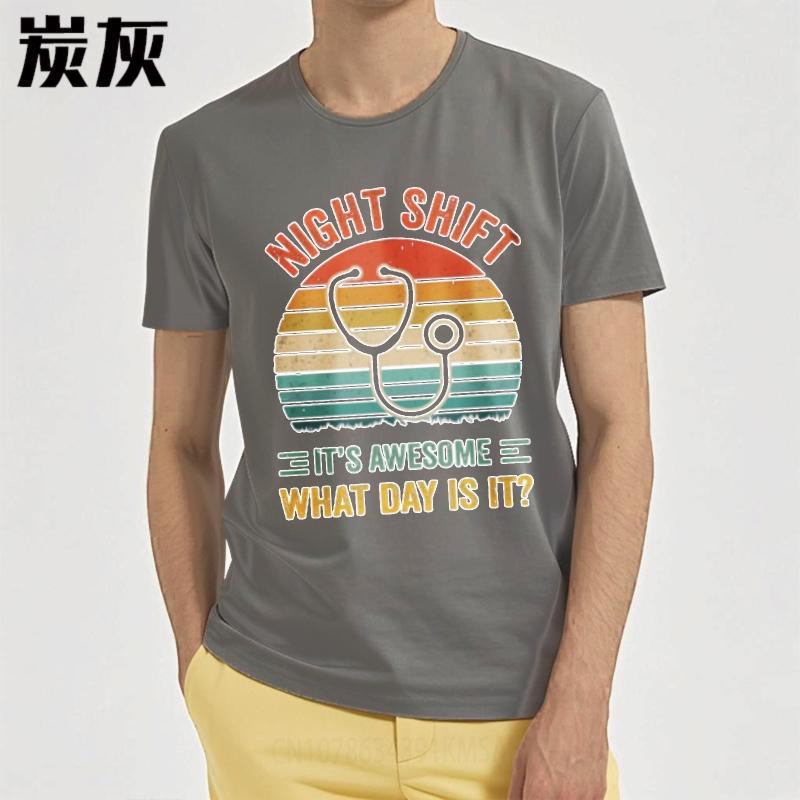 Solid Color Unisex Oneck Tshirt Cotton Night Shift Stethoscope Sunset Design Awesome What Day Is It Everyday Boys Teeshirt