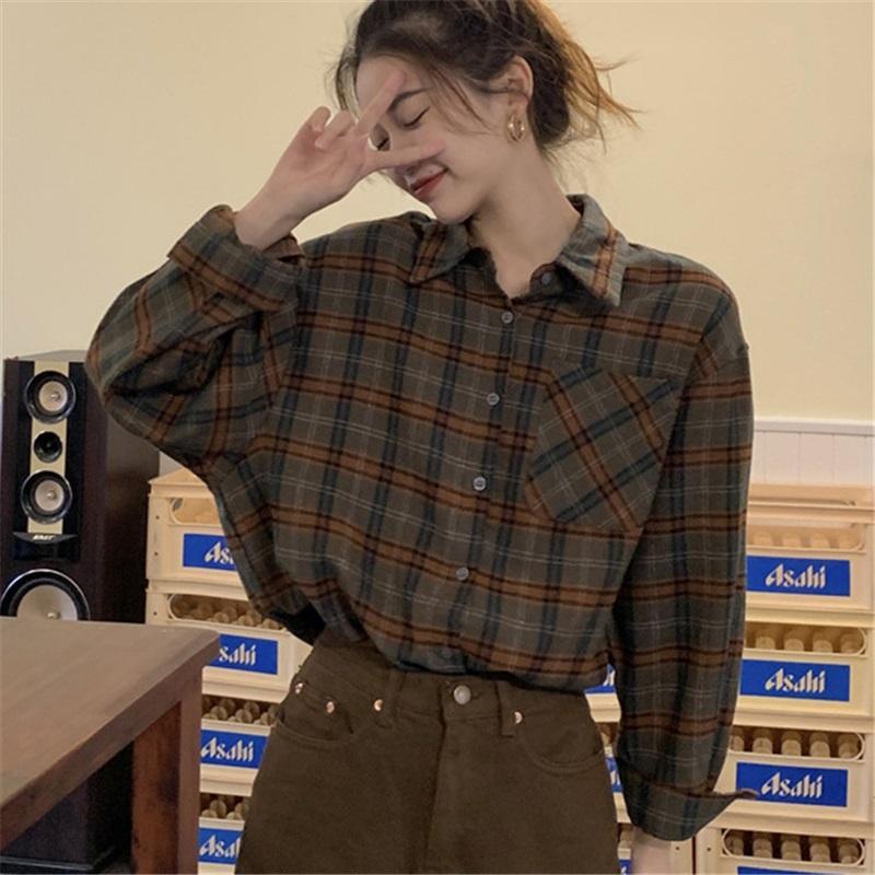 Women's Vintage Plaid Shirt Long Sleeve Loose Casual Button Up Blouse
