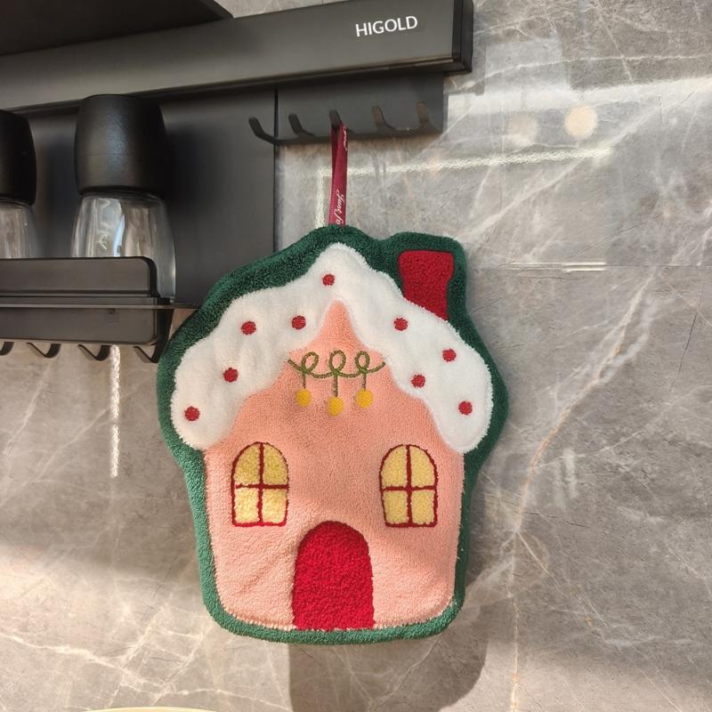 Cute Cartoon Christmas Hanging Hand Towels Super Absorbent Soft Coral Fleece Perfect For Kitchen Bathroom Holiday Home Decor