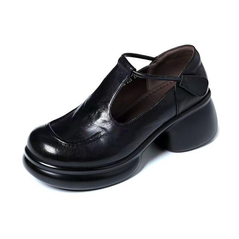 Thick heel shallow mouth single shoes autumn new round head T-strap small leather shoes waterproof table comfortable versatile high heels