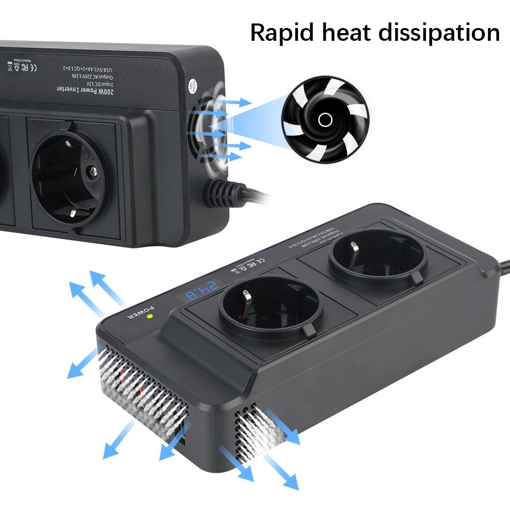 200W Peak Power Car Inverter 12V to 220V DC to AC with 4 USB Ports Cigarette Lighter Auto Mounted AC EU Socket