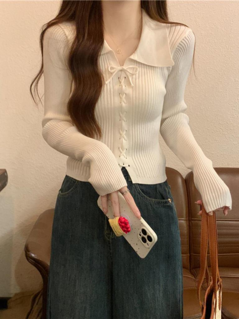 Polo Collar Long Sleeve Knitted Slim Petite Sweater for Women - Early Autumn Collection