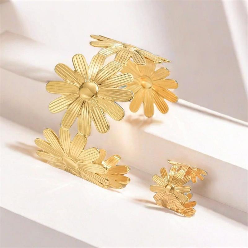 Vintage Irregular Baroque Pearls Open Bangles Rings for Women Charm Gold Color Flower Thick Chunky Rings Jewelry Set Party Gifts