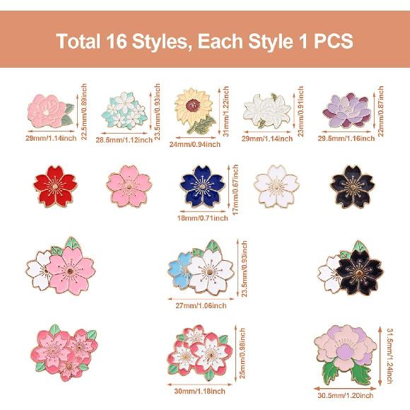 Fashewelry 16pcs Flower Enamel Brooch Pins Set Cherry Blossom Lapel Pins Cute Floral Alloy Badge Pins for DIY Backpacks Clothes Bags Jackets Hat