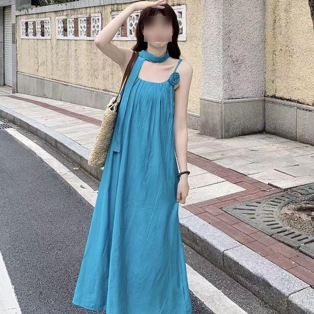 Seaside Beach Dress To Ankle Super Long Holiday Style Tall Loose Pleated Suspender Dress Summer