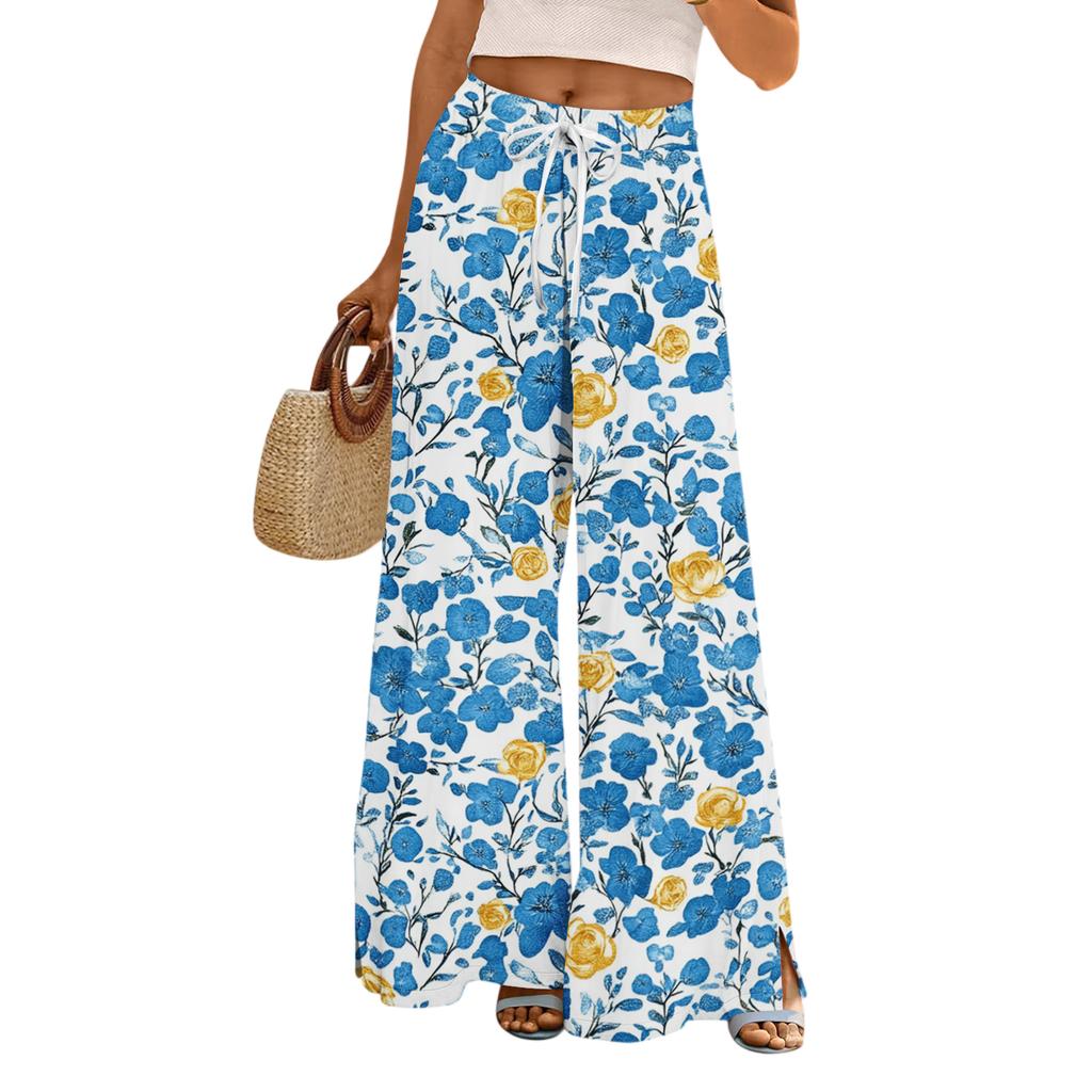 Women's Loose Casual Floral Print Wide Leg Pants With Elastic Waist Drawstring And Pocket Pants