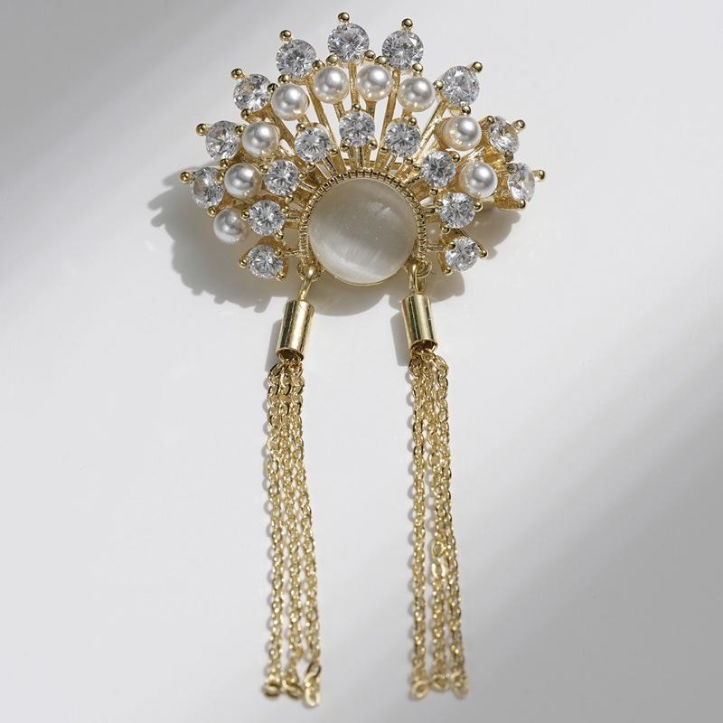 Bo Xin Yun Luxury Retro Phoenix Crown Brooch with Tassels, Cat s Eye Stone, Pearl, and Zirconia.