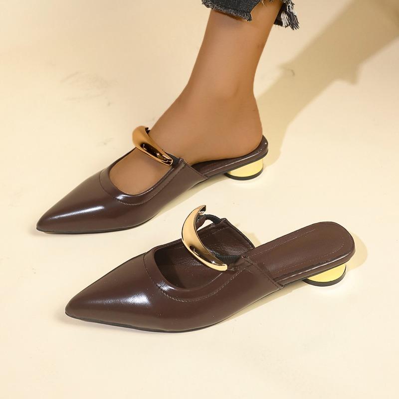 Ladies' Slippers Luxury Slides New Designer Thin Heels Pointed Toe Med Female Shoes Low Shallow Mules for Women Fashion Bas