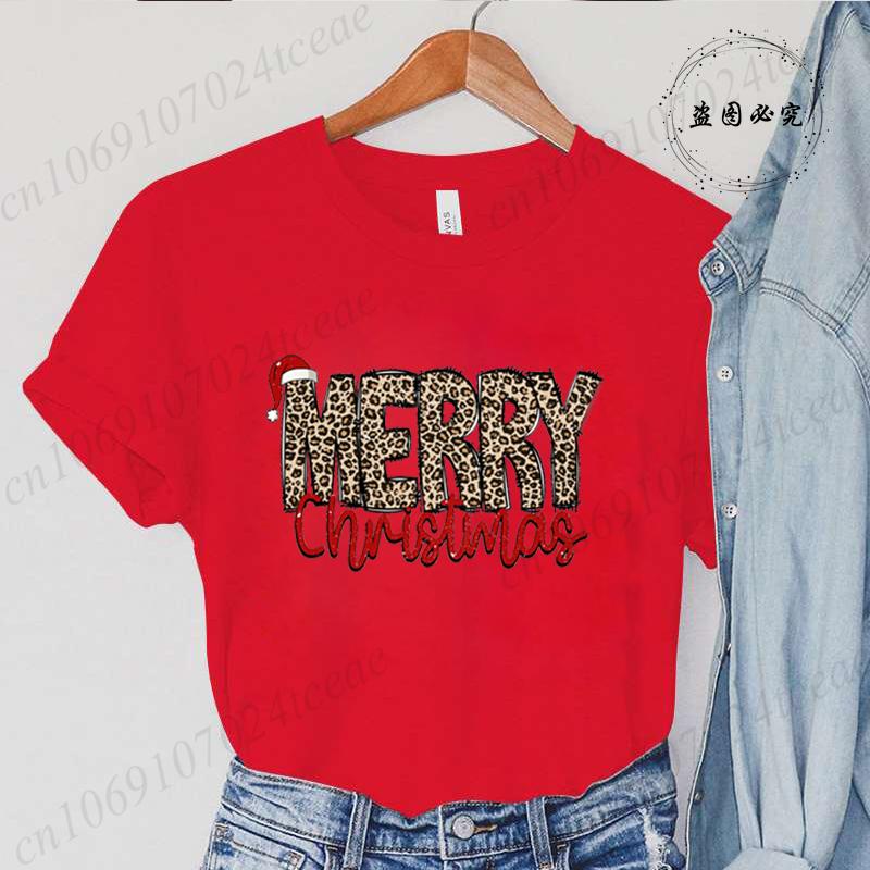 Leopard Merry Christmas Print TShirts Crew Neck Tshirt Casual Short Sleeve Top for Christmas Unisexs Clothing Tshirt Top