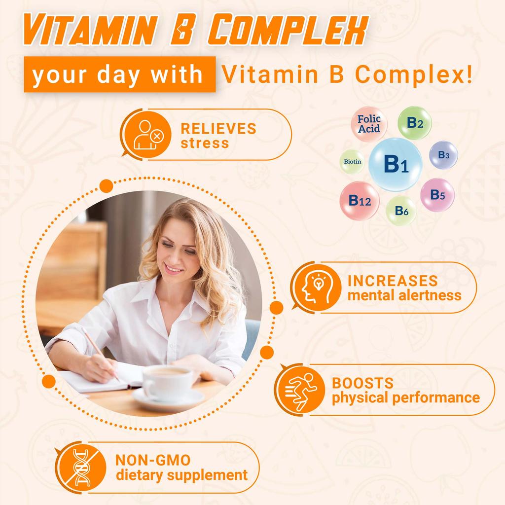 High Potency Vitamin B Complex, 120 Capsules - With Vitamin C - Natural Energy Complex