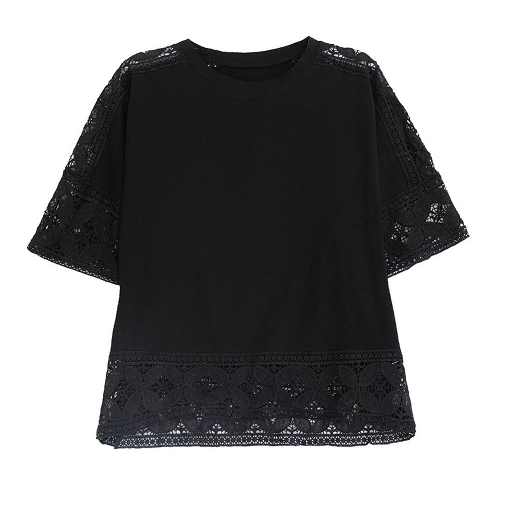 YAYUPLUS Shirt Openwork Embroidered Floral Short Loose Full Voluminous Feminine Free Women's Blouse, Top, Knit, Print, Lace, Sleeve, Fit, Lace,